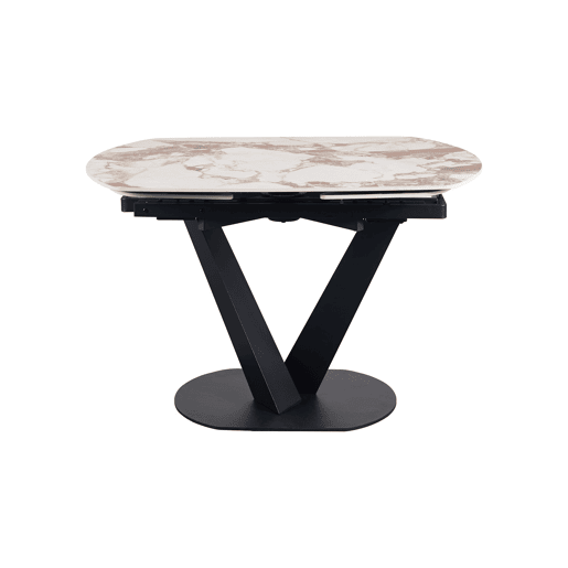 Mesa extensível 120160x90 com pé central metálico e tampo cerâmico em mármore Patagonia Mesa extensível 120160x90 com pé central metálico e tampo cerâmico em mármore Patagonia