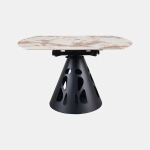 Mesa redonda extensível, diâmetro 135 cm, com pé central metálico e tampo em cerâmica mármore Patagonia