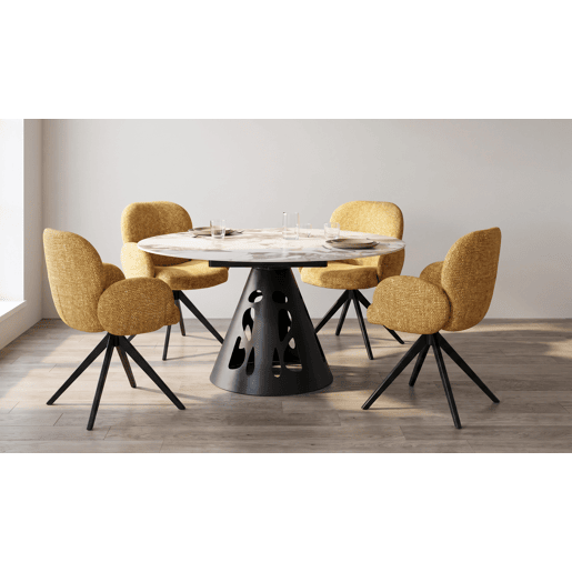 Mesa redonda extensível, diâmetro 135 cm, com pé central metálico e tampo em cerâmica mármore Patagonia Mesa redonda extensível, diâmetro 135 cm, com pé central metálico e tampo em cerâmica mármore Patagonia