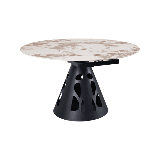 Mesa redonda extensível, diâmetro 135 cm, com pé central metálico e tampo em cerâmica mármore Patagonia Mesa redonda extensível, diâmetro 135 cm, com pé central metálico e tampo em cerâmica mármore Patagonia