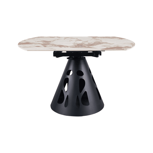 Mesa redonda extensível, diâmetro 135 cm, com pé central metálico e tampo em cerâmica mármore Patagonia Mesa redonda extensível, diâmetro 135 cm, com pé central metálico e tampo em cerâmica mármore Patagonia