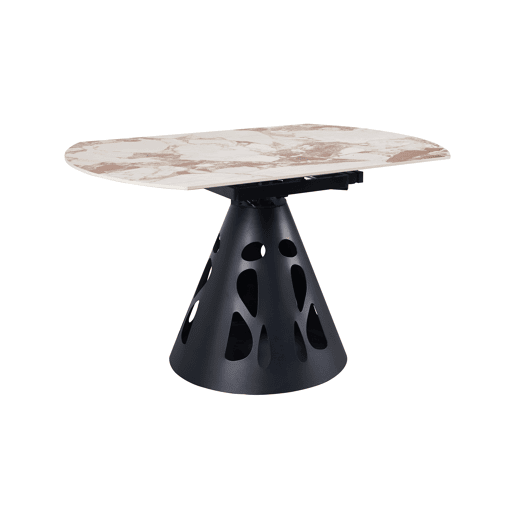 Mesa redonda extensível, diâmetro 135 cm, com pé central metálico e tampo em cerâmica mármore Patagonia Mesa redonda extensível, diâmetro 135 cm, com pé central metálico e tampo em cerâmica mármore Patagonia