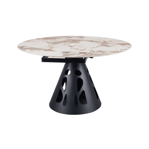 Mesa redonda extensível, diâmetro 135 cm, com pé central metálico e tampo em cerâmica mármore Patagonia Mesa redonda extensível, diâmetro 135 cm, com pé central metálico e tampo em cerâmica mármore Patagonia