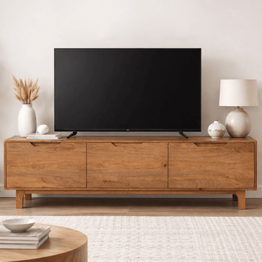 Móvel de TV em mogno cor natural, 3 portas e pés de madeira Móvel de TV em mogno cor natural, 3 portas e pés de madeira