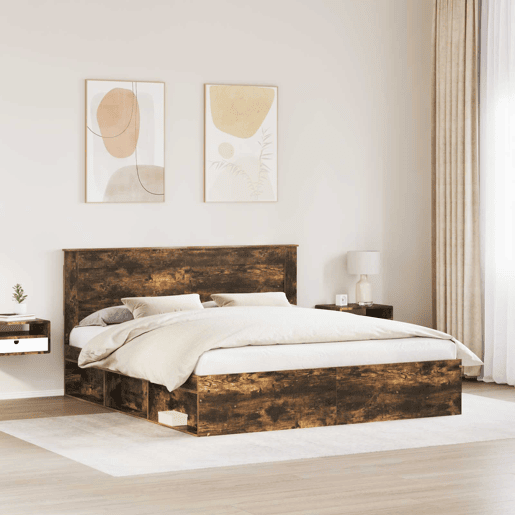 Estrutura de cama de casal com cabeceira - Carvalho Defumado 200 x 200 cm
