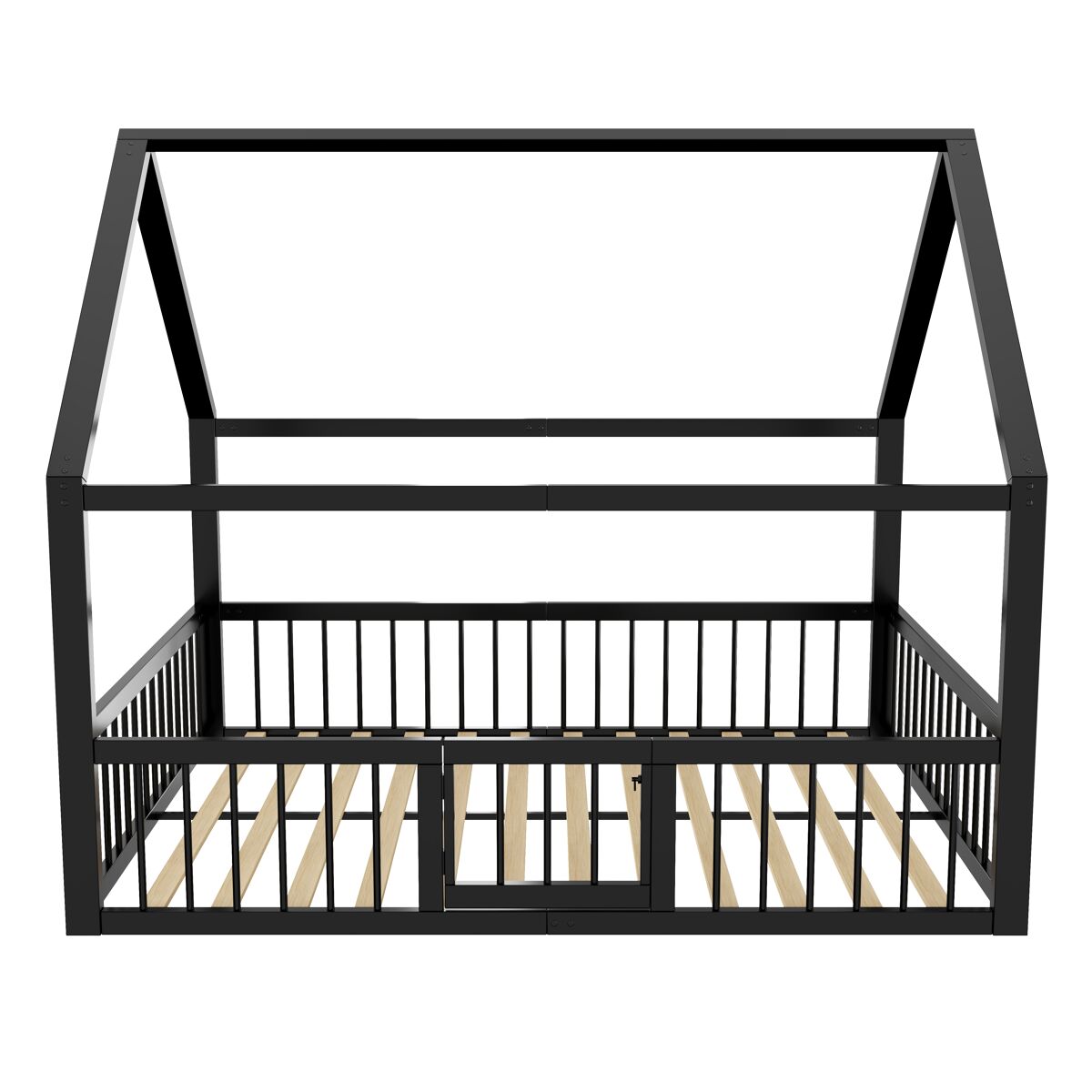 Cama baja metálica 140x200 cm - estructura de hierro estilo casa con barandilla - negro