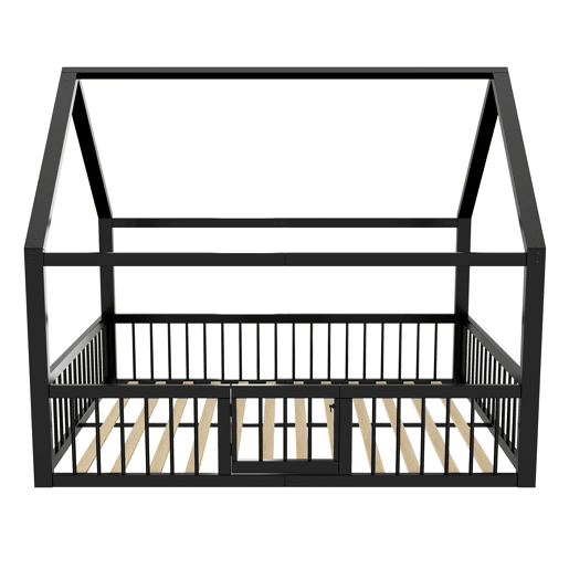 Cama baixa metálica 140x200 cm - estrutura de ferro estilo casa com grade - preta Cama baixa metálica 140x200 cm - estrutura de ferro estilo casa com grade - preta