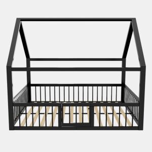 Cama baixa metálica 140x200 cm - estrutura de ferro estilo casa com grade - preta
