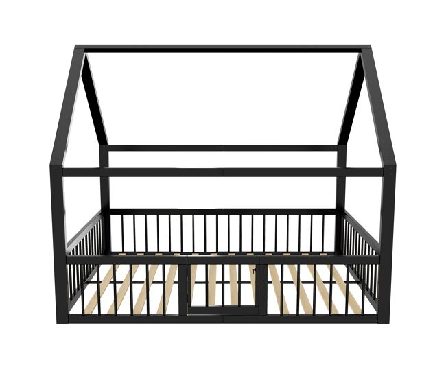 Cama baja metálica 140x200 cm - estructura de hierro estilo casa con barandilla - negro