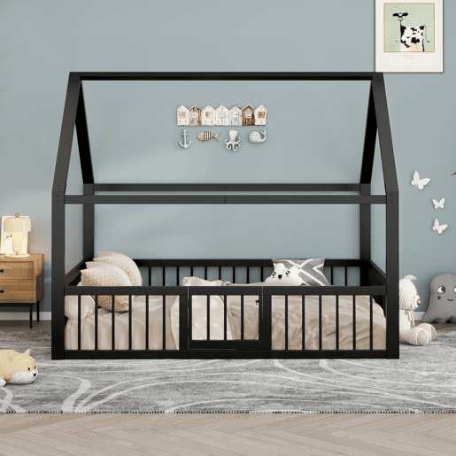 Cama baixa metálica 140x200 cm - estrutura de ferro estilo casa com grade - preta Cama baixa metálica 140x200 cm - estrutura de ferro estilo casa com grade - preta