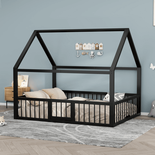 Cama baixa metálica 140x200 cm - estrutura de ferro estilo casa com grade - preta Cama baixa metálica 140x200 cm - estrutura de ferro estilo casa com grade - preta