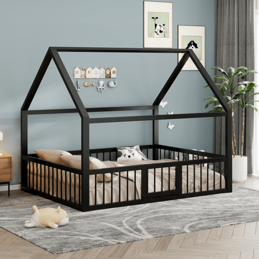 Cama baixa metálica 140x200 cm - estrutura de ferro estilo casa com grade - preta Cama baixa metálica 140x200 cm - estrutura de ferro estilo casa com grade - preta
