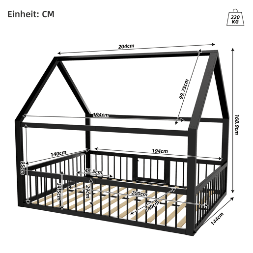Cama baixa metálica 140x200 cm - estrutura de ferro estilo casa com grade - preta Cama baixa metálica 140x200 cm - estrutura de ferro estilo casa com grade - preta