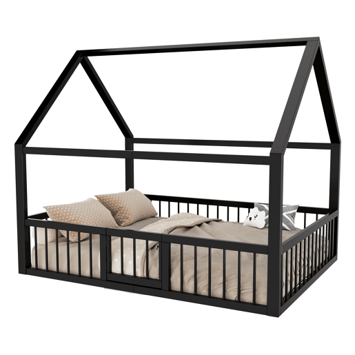 Cama baixa metálica 140x200 cm - estrutura de ferro estilo casa com grade - preta Cama baixa metálica 140x200 cm - estrutura de ferro estilo casa com grade - preta