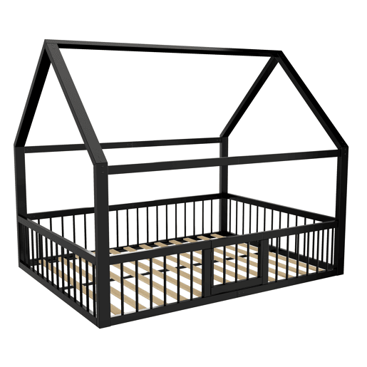 Cama baixa metálica 140x200 cm - estrutura de ferro estilo casa com grade - preta Cama baixa metálica 140x200 cm - estrutura de ferro estilo casa com grade - preta