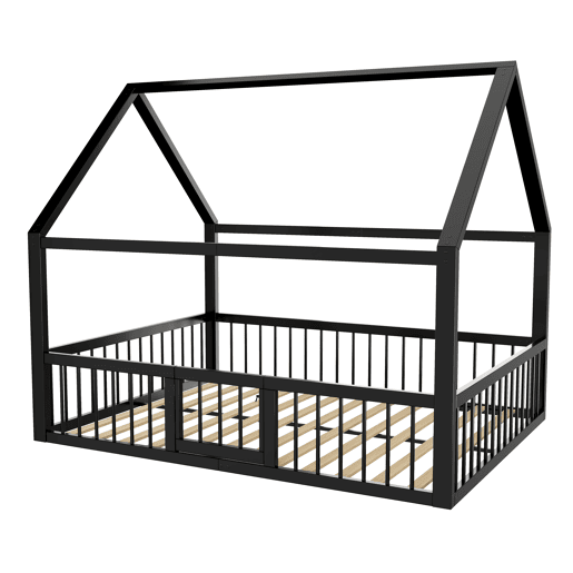 Cama baixa metálica 140x200 cm - estrutura de ferro estilo casa com grade - preta Cama baixa metálica 140x200 cm - estrutura de ferro estilo casa com grade - preta