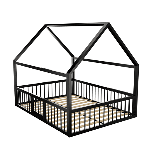 Cama baixa metálica 140x200 cm - estrutura de ferro estilo casa com grade - preta Cama baixa metálica 140x200 cm - estrutura de ferro estilo casa com grade - preta