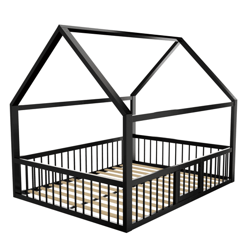 Cama baixa metálica 140x200 cm - estrutura de ferro estilo casa com grade - preta Cama baixa metálica 140x200 cm - estrutura de ferro estilo casa com grade - preta