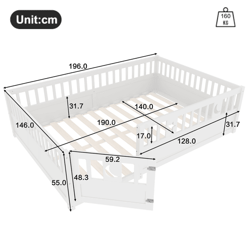 Cama painel, 140 x 190 cm - Cama infantil com grade, decoração de estrelas e lua - Branco