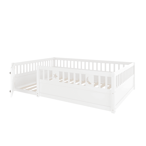 Cama painel, 140 x 190 cm - Cama infantil com grade, decoração de estrelas e lua - Branco