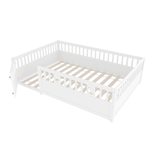 Cama painel, 140 x 190 cm - Cama infantil com grade, decoração de estrelas e lua - Branco