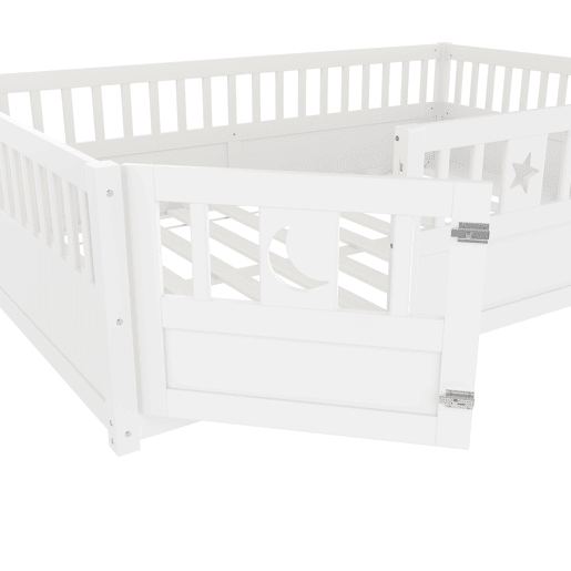 Cama painel, 140 x 190 cm - Cama infantil com grade, decoração de estrelas e lua - Branco