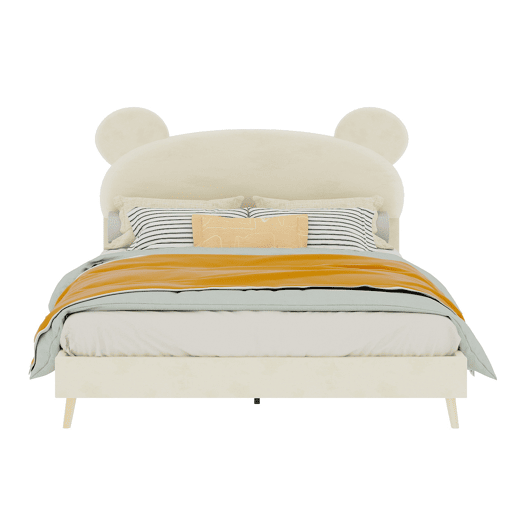 Cama estofada minimalista 140x200 - cabeceira de pelĂșcia com desenhos animados - bege Cama estofada minimalista 140x200 - cabeceira de pelĂșcia com desenhos animados - bege
