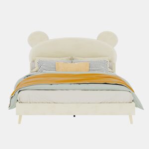 Cama estofada minimalista 140x200 - cabeceira de pelúcia com desenhos animados - bege