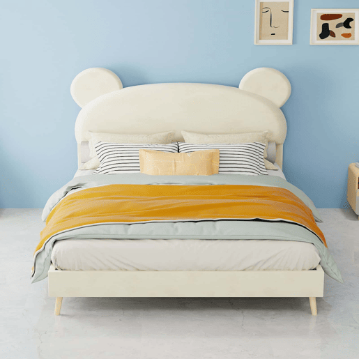 Cama estofada minimalista 140x200 - cabeceira de pelĂșcia com desenhos animados - bege Cama estofada minimalista 140x200 - cabeceira de pelĂșcia com desenhos animados - bege