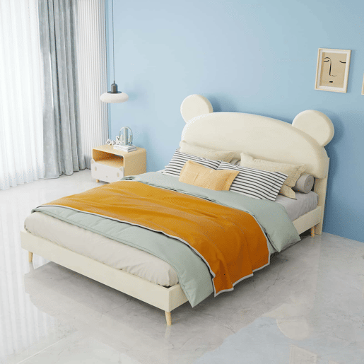 Cama estofada minimalista 140x200 - cabeceira de pelĂșcia com desenhos animados - bege Cama estofada minimalista 140x200 - cabeceira de pelĂșcia com desenhos animados - bege
