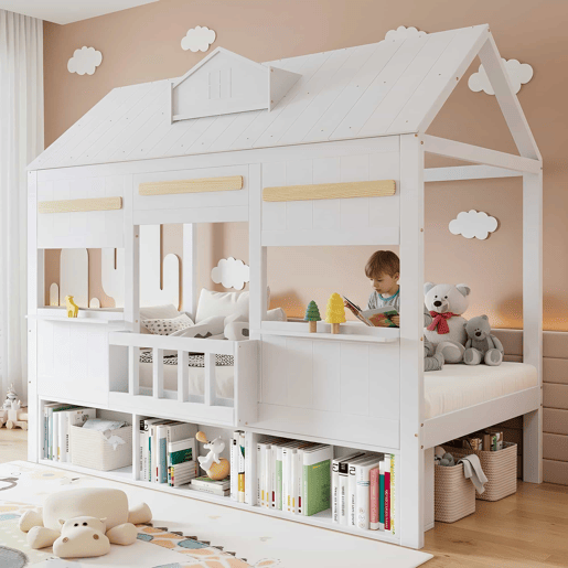 Cama alta infantil 90x200 - Design em forma de casa com prateleira, base robusta - Branco Cama alta infantil 90x200 - Design em forma de casa com prateleira, base robusta - Branco