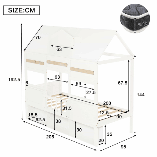 Cama alta infantil 90x200 - Design em forma de casa com prateleira, base robusta - Branco Cama alta infantil 90x200 - Design em forma de casa com prateleira, base robusta - Branco