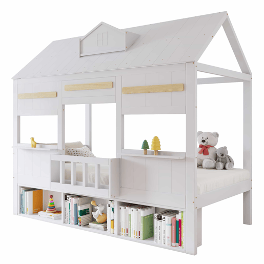 Cama alta infantil 90x200 - Design em forma de casa com prateleira, base robusta - Branco Cama alta infantil 90x200 - Design em forma de casa com prateleira, base robusta - Branco