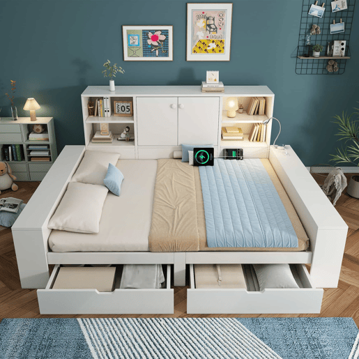 Cama com arrumação 140x200 cm - cama tipo divã com gavetas, porta dupla, portas USBUSB-C, design multifuncional que poupa espaço, cama juvenil e de casal - branca