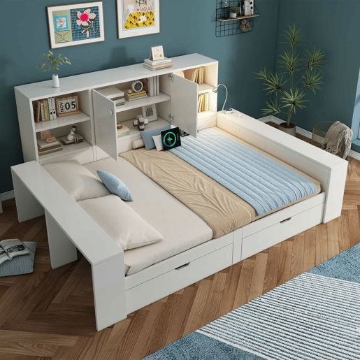 Cama com arrumação 140x200 cm - cama tipo divã com gavetas, porta dupla, portas USBUSB-C, design multifuncional que poupa espaço, cama juvenil e de casal - branca