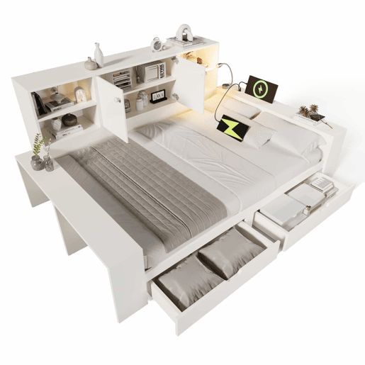 Cama com arrumação 140x200 cm - cama tipo divã com gavetas, porta dupla, portas USBUSB-C, design multifuncional que poupa espaço, cama juvenil e de casal - branca