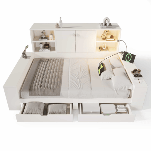 Cama com arrumação 140x200 cm - cama tipo divã com gavetas, porta dupla, portas USBUSB-C, design multifuncional que poupa espaço, cama juvenil e de casal - branca