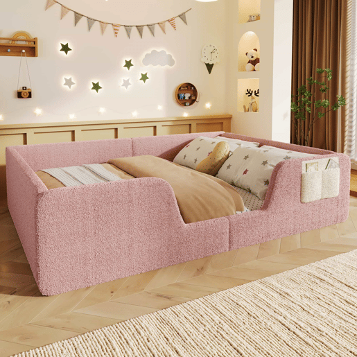 Cama estofada, 140x190 cm - Barreiras removĂveis, bolso lateral, veludo Ășnico - Rosa Cama estofada, 140x190 cm - Barreiras removĂveis, bolso lateral, veludo Ășnico - Rosa