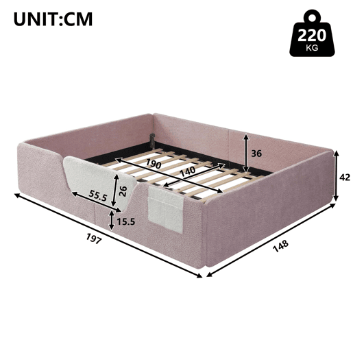Cama estofada, 140x190 cm - Barreiras removĂveis, bolso lateral, veludo Ășnico - Rosa Cama estofada, 140x190 cm - Barreiras removĂveis, bolso lateral, veludo Ășnico - Rosa