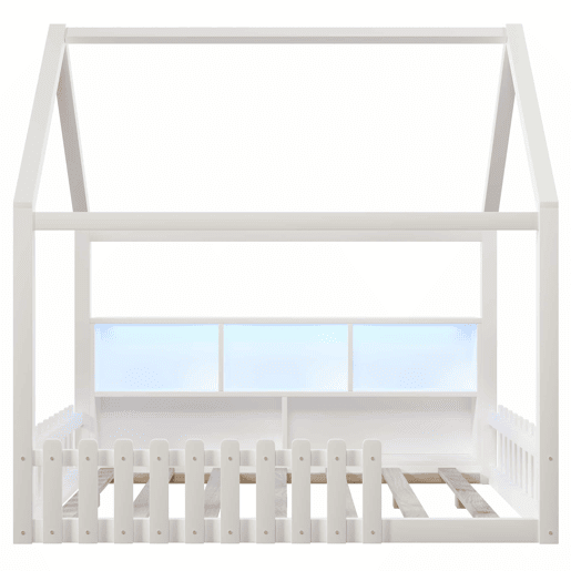 Cama infantil 140x190 cm - com grade de proteção, luzes LED, prateleiras abertas, design em forma de casa, estilo minimalista - branco Cama infantil 140x190 cm - com grade de proteção, luzes LED, prateleiras abertas, design em forma de casa, estilo minimalista - branco