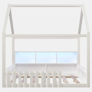 Cama infantil 140x190 cm - com grade de proteção, luzes LED, prateleiras abertas, design em forma de casa, estilo minimalista - branco