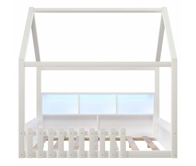 Cama infantil 140x190 cm - con barandilla, luces led, estantes abiertos, diseño casa, estilo minimalista - blanco