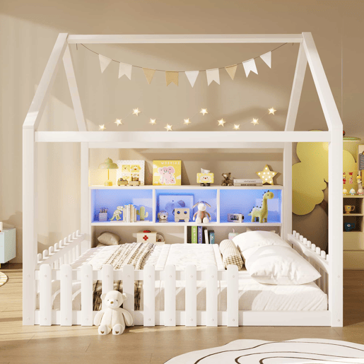 Cama infantil 140x190 cm - com grade de proteção, luzes LED, prateleiras abertas, design em forma de casa, estilo minimalista - branco Cama infantil 140x190 cm - com grade de proteção, luzes LED, prateleiras abertas, design em forma de casa, estilo minimalista - branco