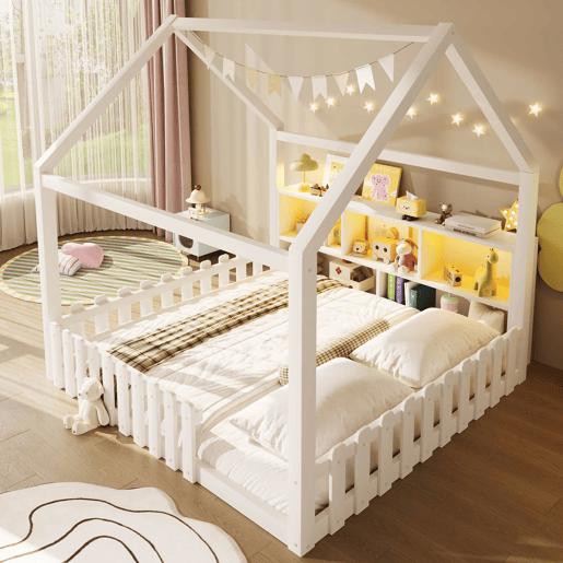 Cama infantil 140x190 cm - com grade de proteção, luzes LED, prateleiras abertas, design em forma de casa, estilo minimalista - branco Cama infantil 140x190 cm - com grade de proteção, luzes LED, prateleiras abertas, design em forma de casa, estilo minimalista - branco