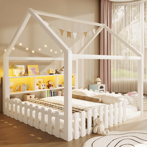 Cama infantil 140x190 cm - com grade de proteção, luzes LED, prateleiras abertas, design em forma de casa, estilo minimalista - branco Cama infantil 140x190 cm - com grade de proteção, luzes LED, prateleiras abertas, design em forma de casa, estilo minimalista - branco