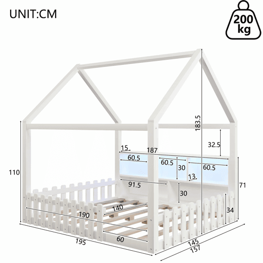 Cama infantil 140x190 cm - com grade de proteção, luzes LED, prateleiras abertas, design em forma de casa, estilo minimalista - branco Cama infantil 140x190 cm - com grade de proteção, luzes LED, prateleiras abertas, design em forma de casa, estilo minimalista - branco