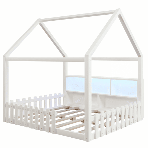 Cama infantil 140x190 cm - com grade de proteção, luzes LED, prateleiras abertas, design em forma de casa, estilo minimalista - branco Cama infantil 140x190 cm - com grade de proteção, luzes LED, prateleiras abertas, design em forma de casa, estilo minimalista - branco