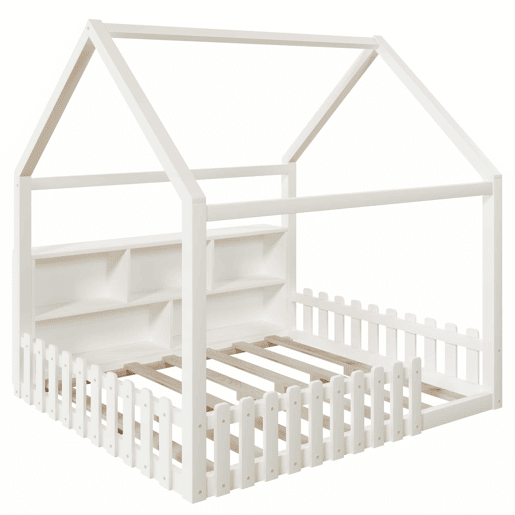 Cama infantil 140x190 cm - com grade de proteção, luzes LED, prateleiras abertas, design em forma de casa, estilo minimalista - branco Cama infantil 140x190 cm - com grade de proteção, luzes LED, prateleiras abertas, design em forma de casa, estilo minimalista - branco