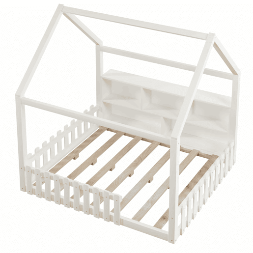 Cama infantil 140x190 cm - com grade de proteção, luzes LED, prateleiras abertas, design em forma de casa, estilo minimalista - branco Cama infantil 140x190 cm - com grade de proteção, luzes LED, prateleiras abertas, design em forma de casa, estilo minimalista - branco