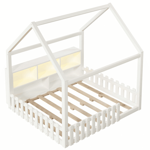 Cama infantil 140x190 cm - com grade de proteção, luzes LED, prateleiras abertas, design em forma de casa, estilo minimalista - branco Cama infantil 140x190 cm - com grade de proteção, luzes LED, prateleiras abertas, design em forma de casa, estilo minimalista - branco